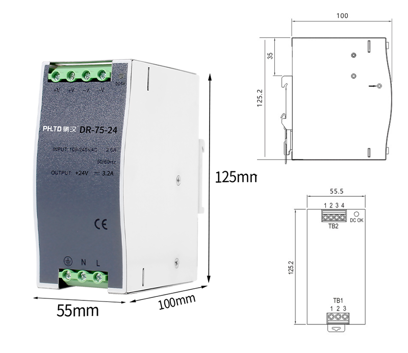 PHLTD DR серии Подключатель питания 75W Размер 55.5x125.2x100 мм-