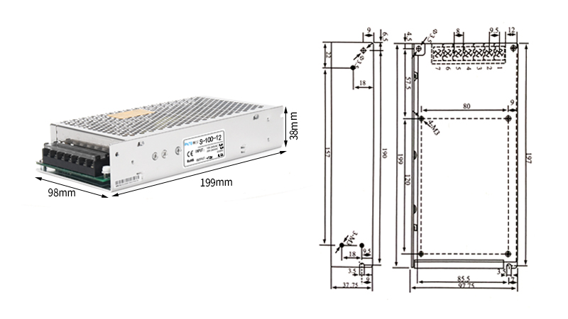 PHLTD S Series Переключатели питания S - 100 S - 120 S - 150 Обзор эффективных размеров продукции-