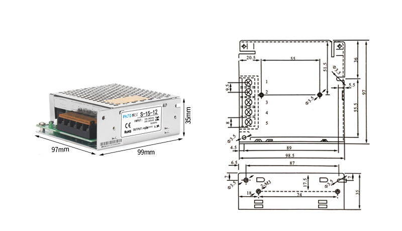 PHLTD S Series Переключатели питания S - 15 и S - 25 Обзор размеров изделий-