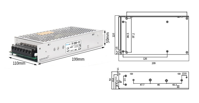 PHLTD S Series Переключатель питания S - 200 Обзор эффективных размеров продукта-