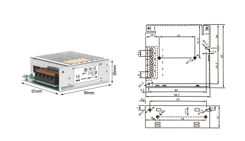 PHLTD SD Series Switching Power Supply SD-15、25V Size 99x97x35mm