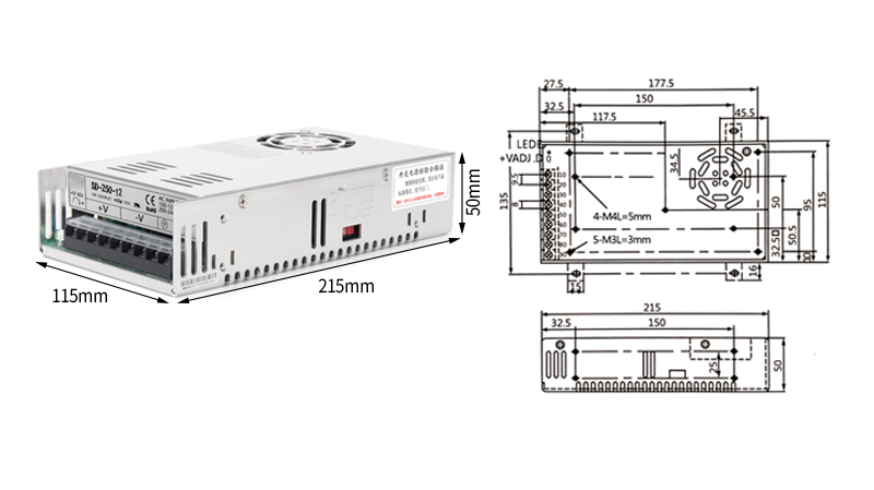 PHLTD SD Series Switching Power Supply SD-250V Size：215x115x50mm