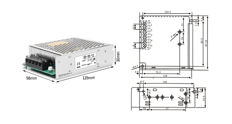 PHLTD SD Series Switching Power Supply SD-35V Size 129x98x38mm